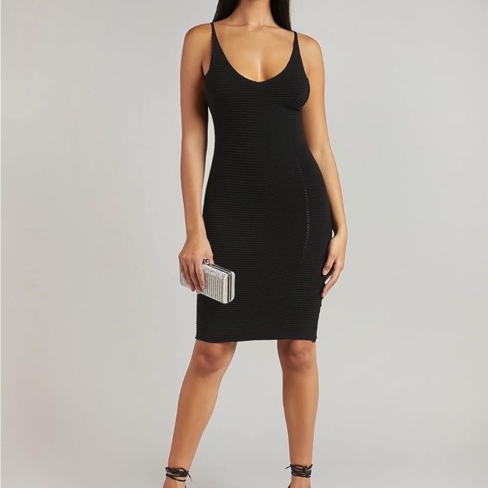 M Black Bodycon Dress V Neck Spaghetti Straps Stretchy Fabric MIDI Side Zipper